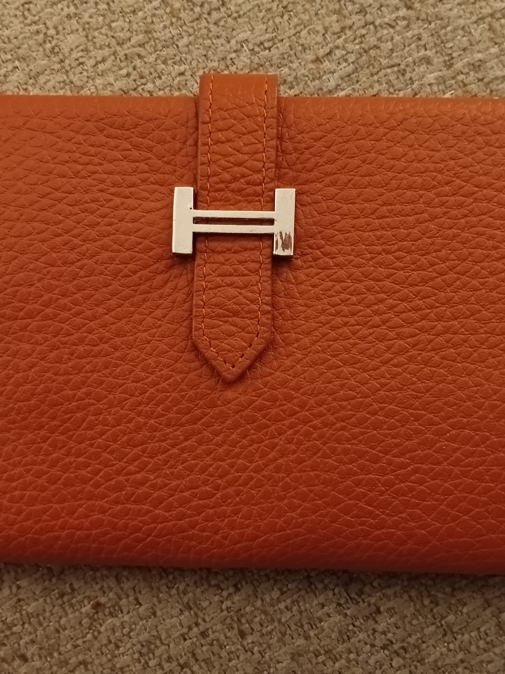 Hermes Orange Textured Leather Wallet with Silver H Hinge